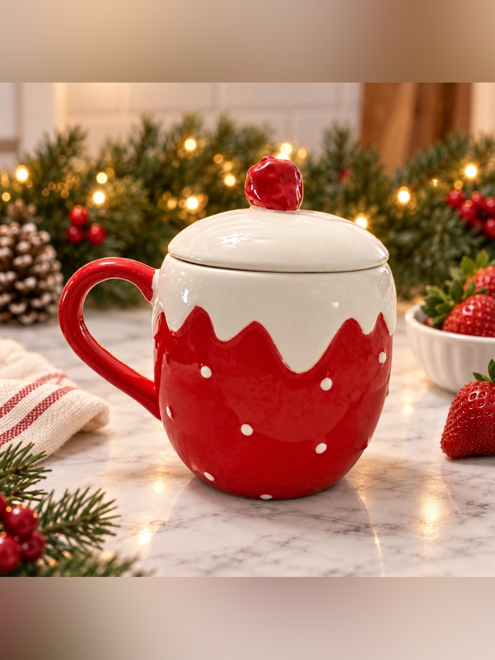 LANG Strawberries & Cream Ceramic Mug Lid NWOT